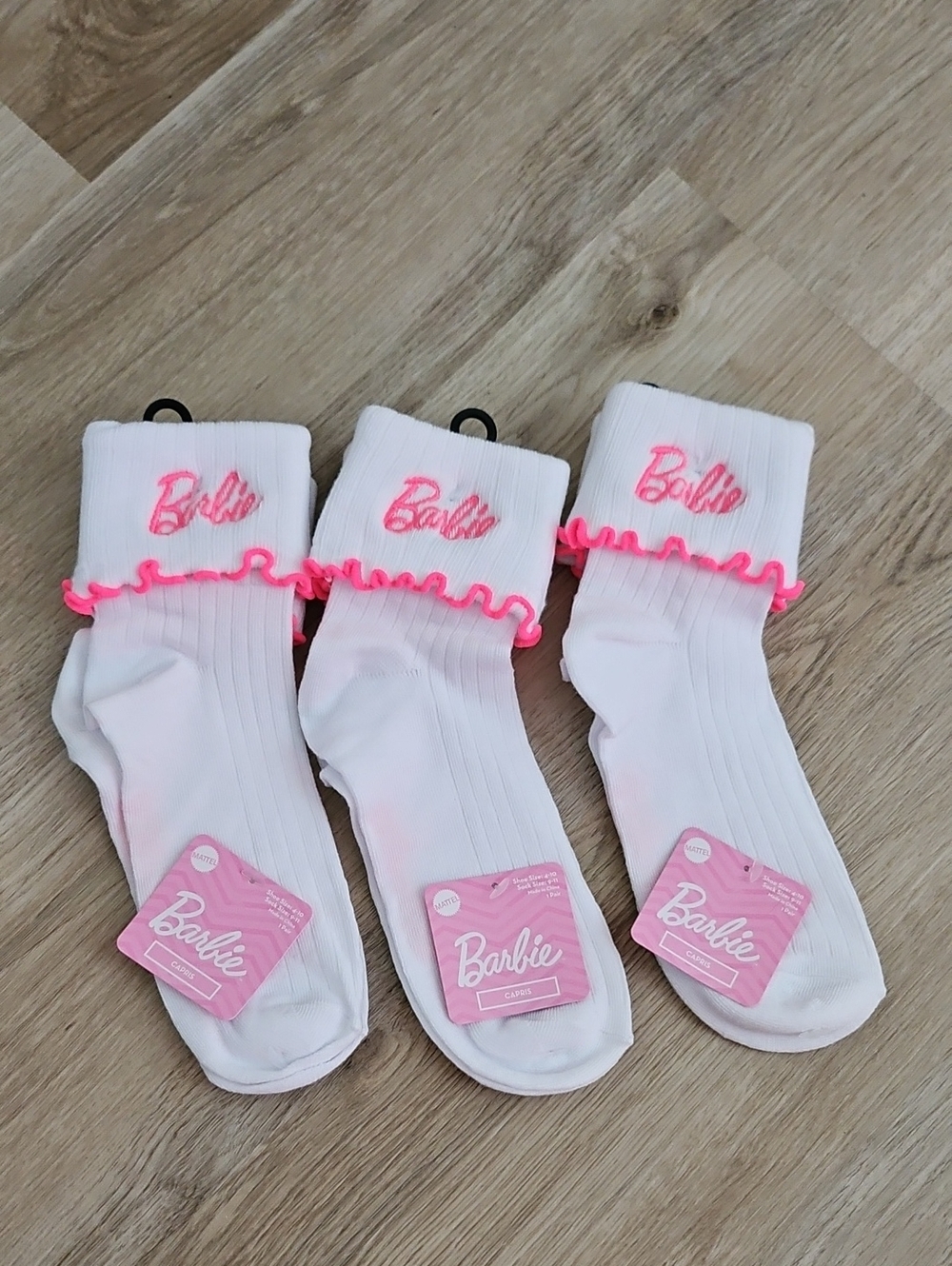 Barbie White 3pk. Socks with Neon Pink Ruffle and Logo